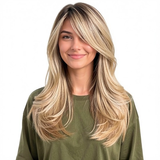Natural Realistic Center Part Mid-Length Honey Blonde Wig with Soft Curls and Outward Flip Ends