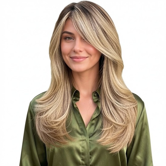 Natural Realistic Center Part Mid-Length Honey Blonde Wig with Soft Curls and Outward Flip Ends