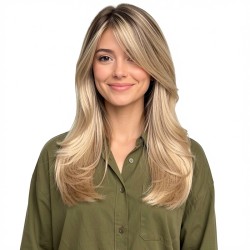 Natural Realistic Center Part Mid-Length Honey Blonde Wig with Soft Curls and Outward Flip Ends