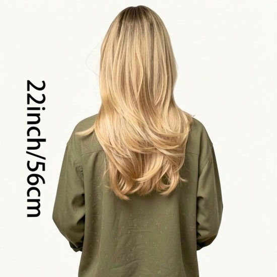 Natural Realistic Center Part Mid-Length Honey Blonde Wig with Soft Curls and Outward Flip Ends