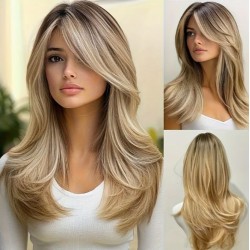 Hot Selling Fashion Middle Part Side-Swept Micro-Curl Outward Flip Top-Dyed Light Blonde Wig
