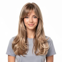 Long Hair Full Headpiece | Curtain Bangs Wavy Dynamic Style | Realistic Natural Lazy Look Wig