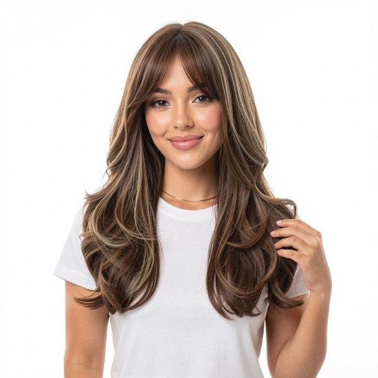 Long Hair Full Headpiece | Curtain Bangs Wavy Dynamic Style | Realistic Natural Lazy Look Wig