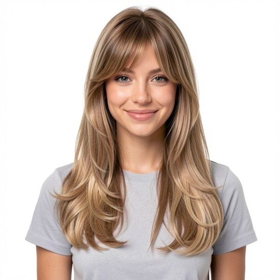 Long Hair Full Headpiece | Curtain Bangs Wavy Dynamic Style | Realistic Natural Lazy Look Wig