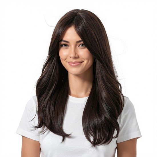 Long Hair Full Headpiece | Curtain Bangs Wavy Dynamic Style | Realistic Natural Lazy Look Wig