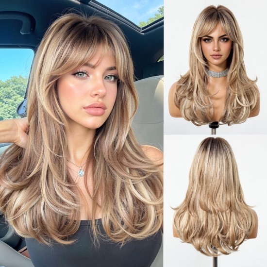 Full Wig for Women with Natural Babylash Bangs, Long Wavy Curls, Lazy Chic, Complete Headpiece
