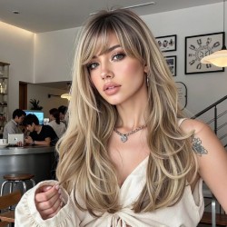 Full Wig for Women with Natural Babylash Bangs, Long Wavy Curls, Lazy Chic, Complete Headpiece