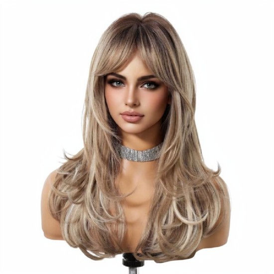 Full Wig for Women with Natural Babylash Bangs, Long Wavy Curls, Lazy Chic, Complete Headpiece
