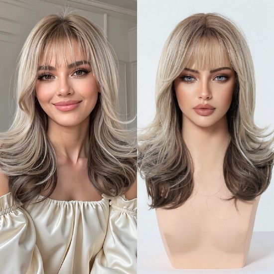 Full Wig for Women with Natural Babylash Bangs, Long Wavy Curls, Lazy Chic, Complete Headpiece