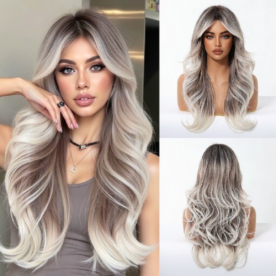 Full Wig for Women with Natural Babylash Bangs, Long Wavy Curls, Lazy Chic, Complete Headpiece