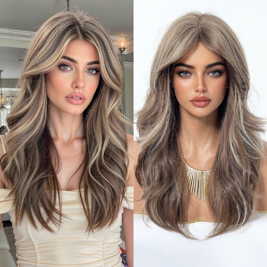 Full Wig for Women with Natural Babylash Bangs, Long Wavy Curls, Lazy Chic, Complete Headpiece