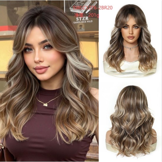 Full Wig for Women with Natural Babylash Bangs, Long Wavy Curls, Lazy Chic, Complete Headpiece