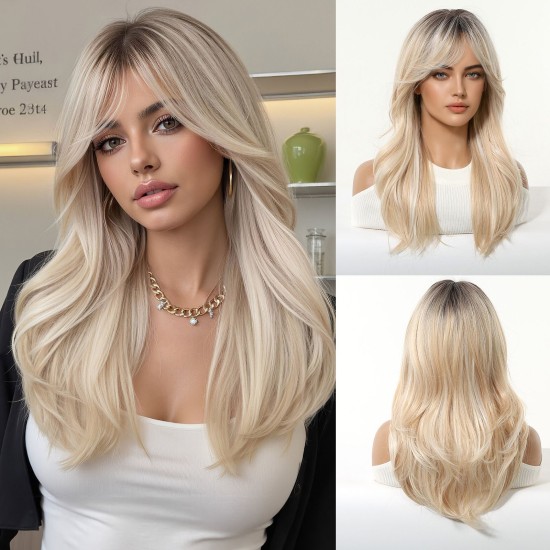 Full Wig for Women with Natural Babylash Bangs, Long Wavy Curls, Lazy Chic, Complete Headpiece