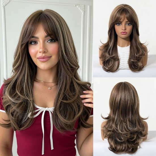 Full Wig for Women with Natural Babylash Bangs, Long Wavy Curls, Lazy Chic, Complete Headpiece