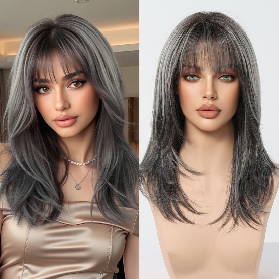 Full Wig for Women with Natural Babylash Bangs, Long Wavy Curls, Lazy Chic, Complete Headpiece