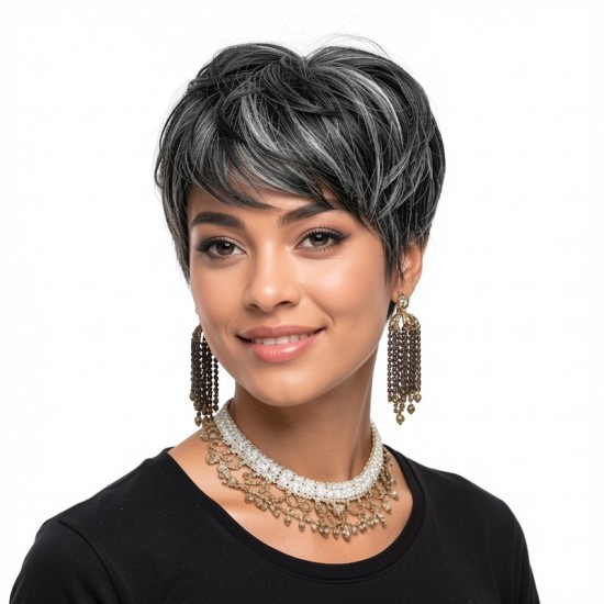 Dark gray short bob full head wig, made of 100% human hair