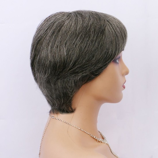 Deep Gray & Light Gray Machine-Woven Human Hair Laceless Short Curly Full Wig