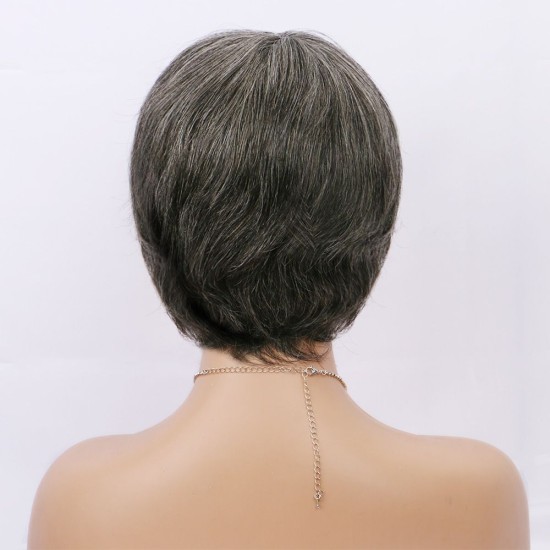 Deep Gray & Light Gray Machine-Woven Human Hair Laceless Short Curly Full Wig
