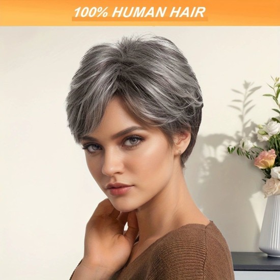 Deep Gray & Light Gray Machine-Woven Human Hair Laceless Short Curly Full Wig