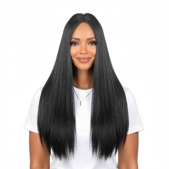 Center Part Long Straight Hair Extension | Minimalist Daily Fashion Style | Black Long Straight Wig