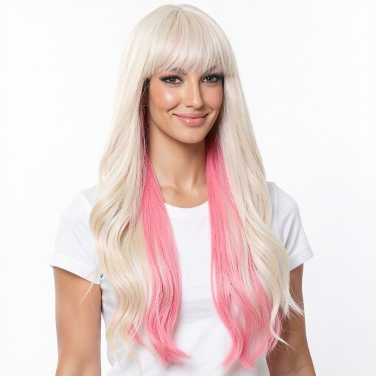 Pink Highlight Curly Wig | Long Hair Synthetic Wig | High-Quality Wig Cap