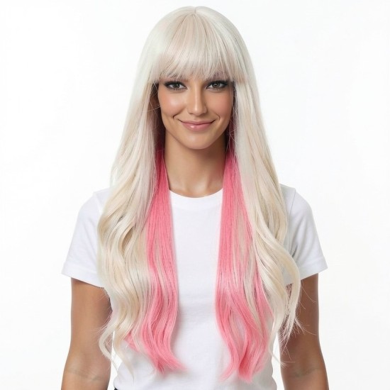 Pink Highlight Curly Wig | Long Hair Synthetic Wig | High-Quality Wig Cap