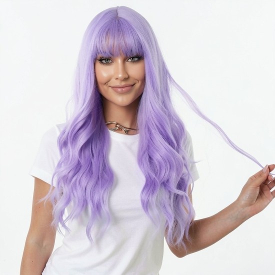 Purple Air Bangs Long Hair | Large Wave Curly Hair | Women's Fashion Real-Feel Full Head Wig