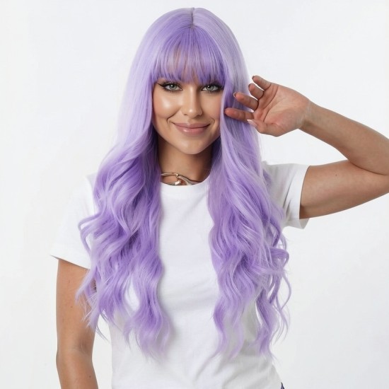 Purple Air Bangs Long Hair | Large Wave Curly Hair | Women's Fashion Real-Feel Full Head Wig