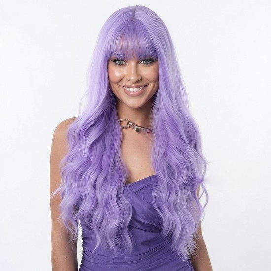 Purple Air Bangs Long Hair | Large Wave Curly Hair | Women's Fashion Real-Feel Full Head Wig