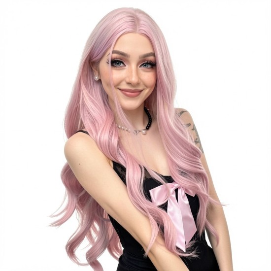 Women's Pink Long Curly Wig | High-Temperature Silk | Natural Voluminous Full Cap