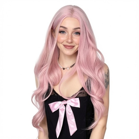 Women's Pink Long Curly Wig | High-Temperature Silk | Natural Voluminous Full Cap
