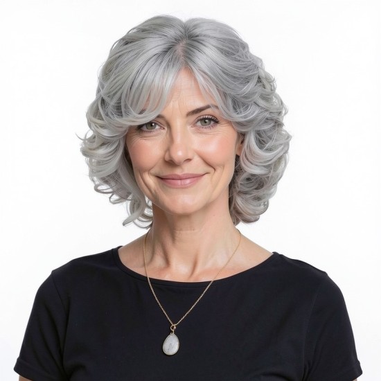 Short Curly Wig for Women and Seniors | Silver Gray Voluminous Bob Wig | Full Wig