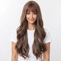 Golden Brown Long Wavy Hair with Bangs | High-Temperature Synthetic Wig