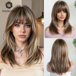 Casual Light Brown Full Wig Rose Lace Front Human Hair Synthetic Shoulder Length Cap for Women - Elegant Style