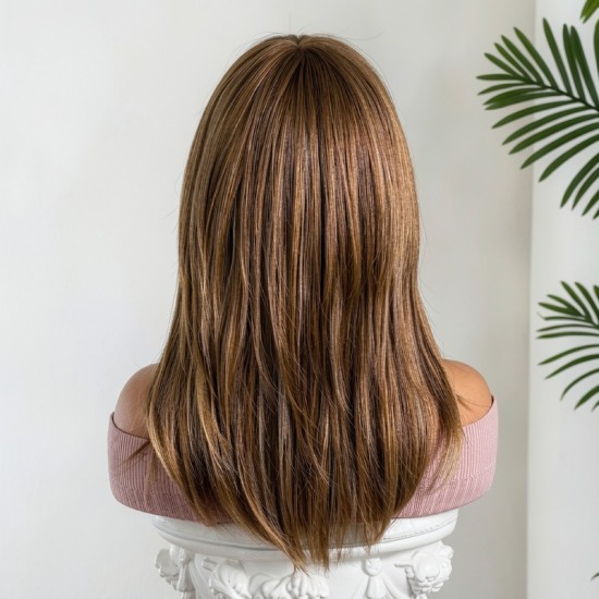 Casual Light Brown Full Wig Rose Lace Front Human Hair Synthetic Shoulder Length Cap for Women - Elegant Style