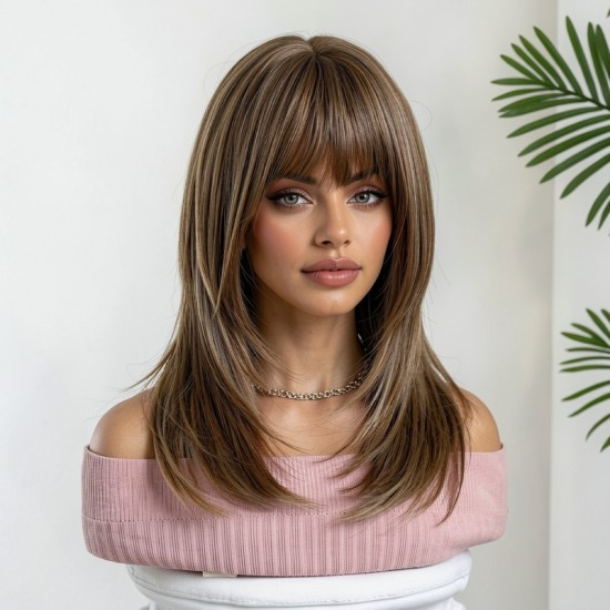 Casual Light Brown Full Wig Rose Lace Front Human Hair Synthetic Shoulder Length Cap for Women - Elegant Style