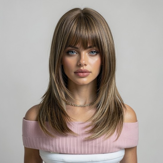 Casual Light Brown Full Wig Rose Lace Front Human Hair Synthetic Shoulder Length Cap for Women - Elegant Style