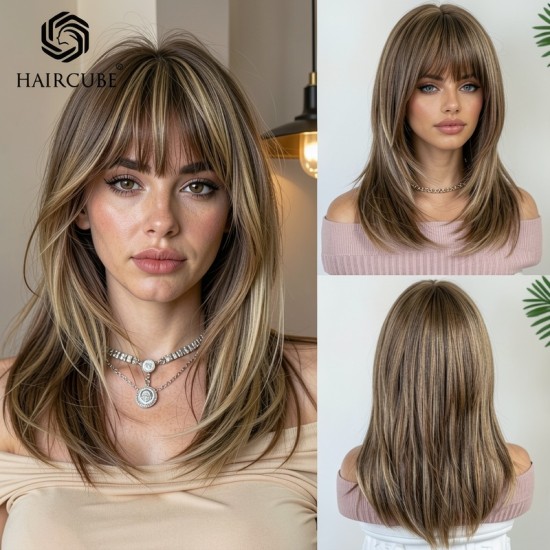 Casual Light Brown Full Wig Rose Lace Front Human Hair Synthetic Shoulder Length Cap for Women - Elegant Style