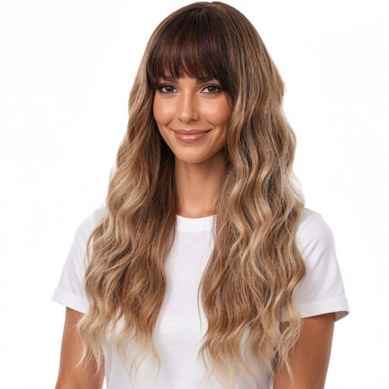 Gradient Brown Long Curly Hair | High-Quality Wavy Style | Women's Full Wig