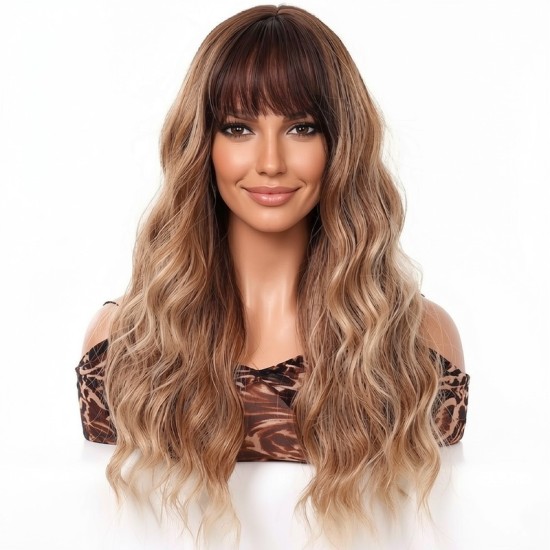 Gradient Brown Long Curly Hair | High-Quality Wavy Style | Women's Full Wig