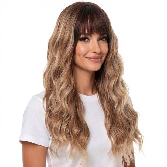 Gradient Brown Long Curly Hair | High-Quality Wavy Style | Women's Full Wig