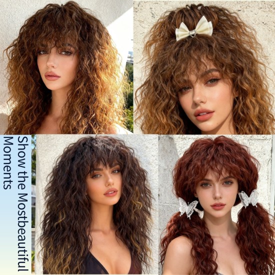 Natural High-Temperature Synthetic Wool Curl Wig with Breathable Net Cap and Bangs, Fully Hand-Knitted for Daily Wear