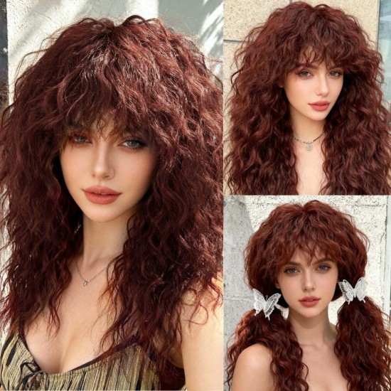 Natural High-Temperature Synthetic Wool Curl Wig with Breathable Net Cap and Bangs, Fully Hand-Knitted for Daily Wear