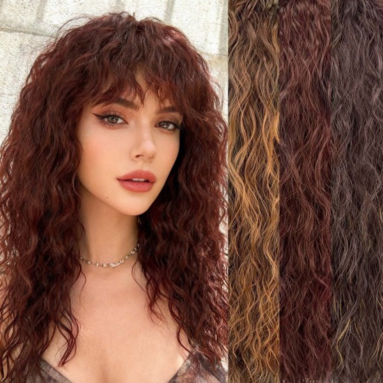 Natural High-Temperature Synthetic Wool Curl Wig with Breathable Net Cap and Bangs, Fully Hand-Knitted for Daily Wear