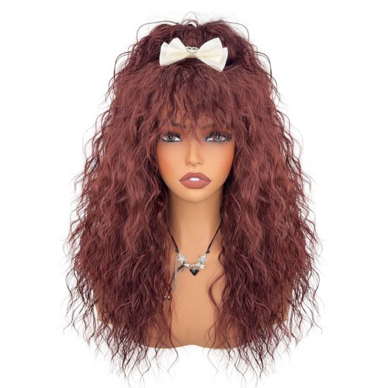 Natural High-Temperature Synthetic Wool Curl Wig with Breathable Net Cap and Bangs, Fully Hand-Knitted for Daily Wear