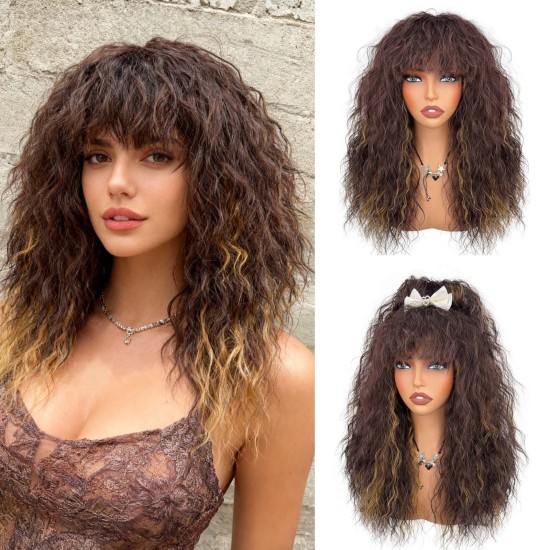 Natural High-Temperature Synthetic Wool Curl Wig with Breathable Net Cap and Bangs, Fully Hand-Knitted for Daily Wear