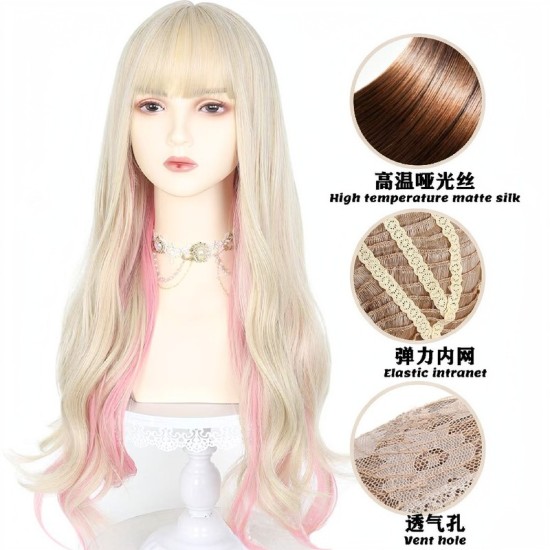 Pink Highlights | Long Wavy Hair | Voluminous & Natural | Women's Full Wig