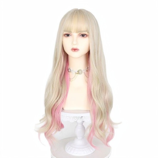 Pink Highlights | Long Wavy Hair | Voluminous & Natural | Women's Full Wig