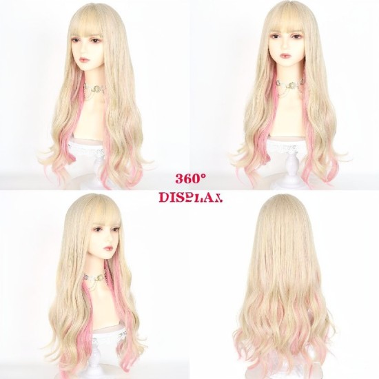 Pink Highlights | Long Wavy Hair | Voluminous & Natural | Women's Full Wig