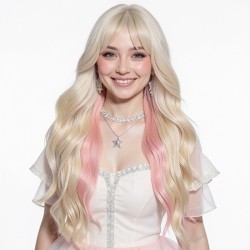 Pink Highlights | Long Wavy Hair | Voluminous & Natural | Women's Full Wig